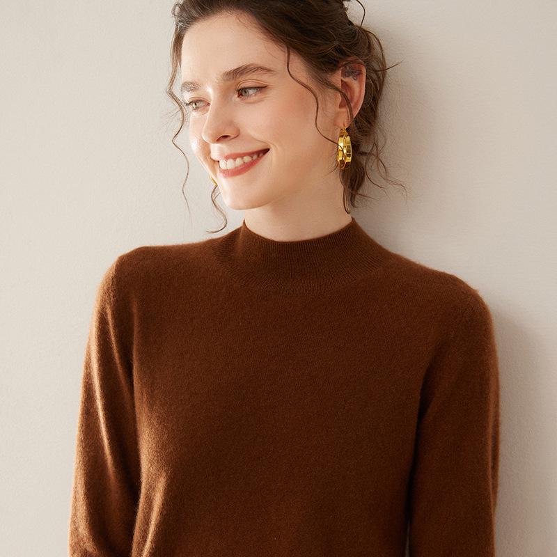 Women's Half-High Neck Cashmere Knit Sweater - Versatile, Warm, Loose Fit Pullover