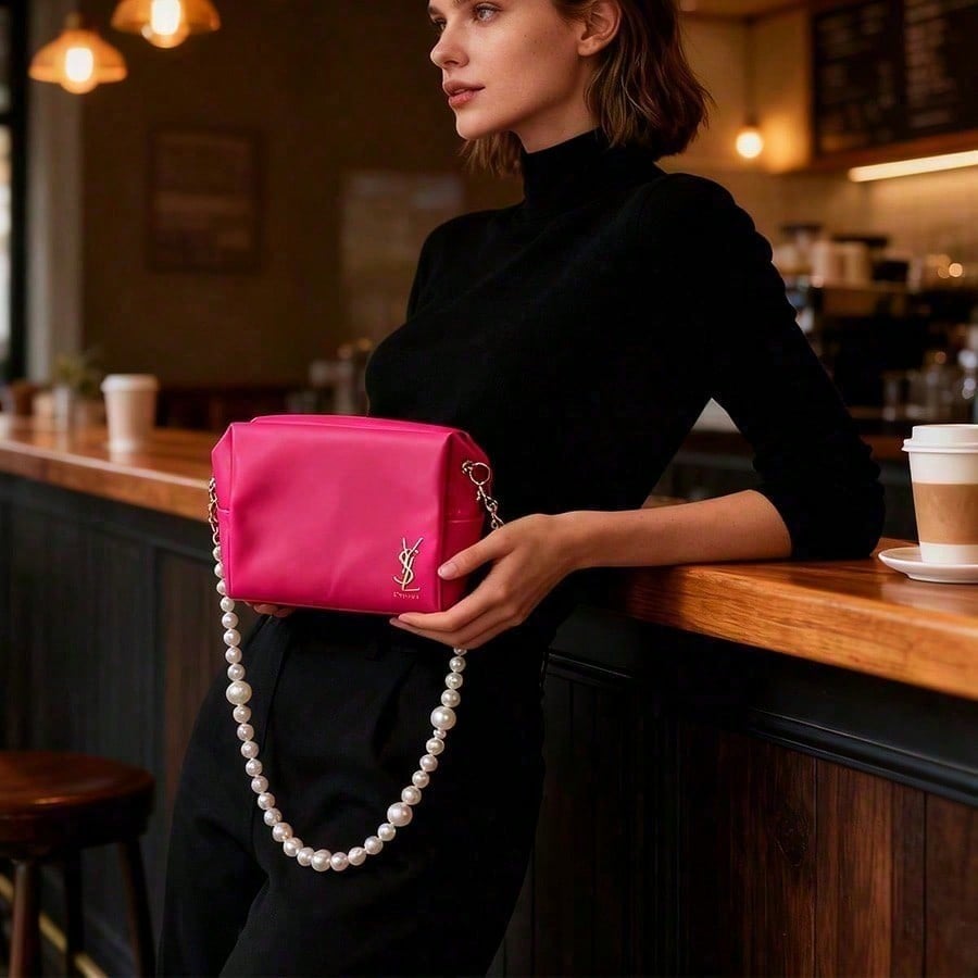 Barbie Pink Cosmetic Bag - Pearl Decorated Crossbody Bag, Luxurious Cosmetic Storage Bag