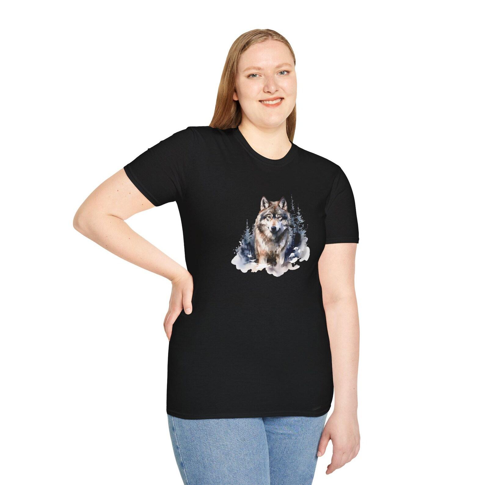 Forest Wolf Watercolor Graphic Unisex Softstyle TShirt, Nature Lover Tee, Gift for Outdoors Enthusiasts, Wild Animal Apparel, Camping Wear S