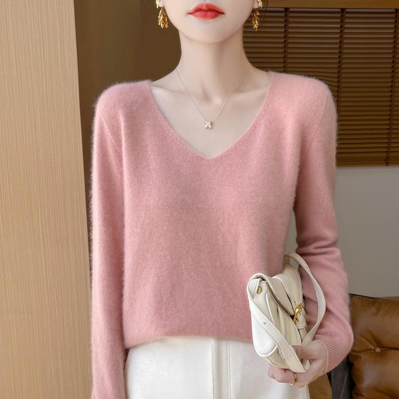 Wool Sweater V-neck Soft Knit Tops Outer Wear Bottoming Shirts for Women