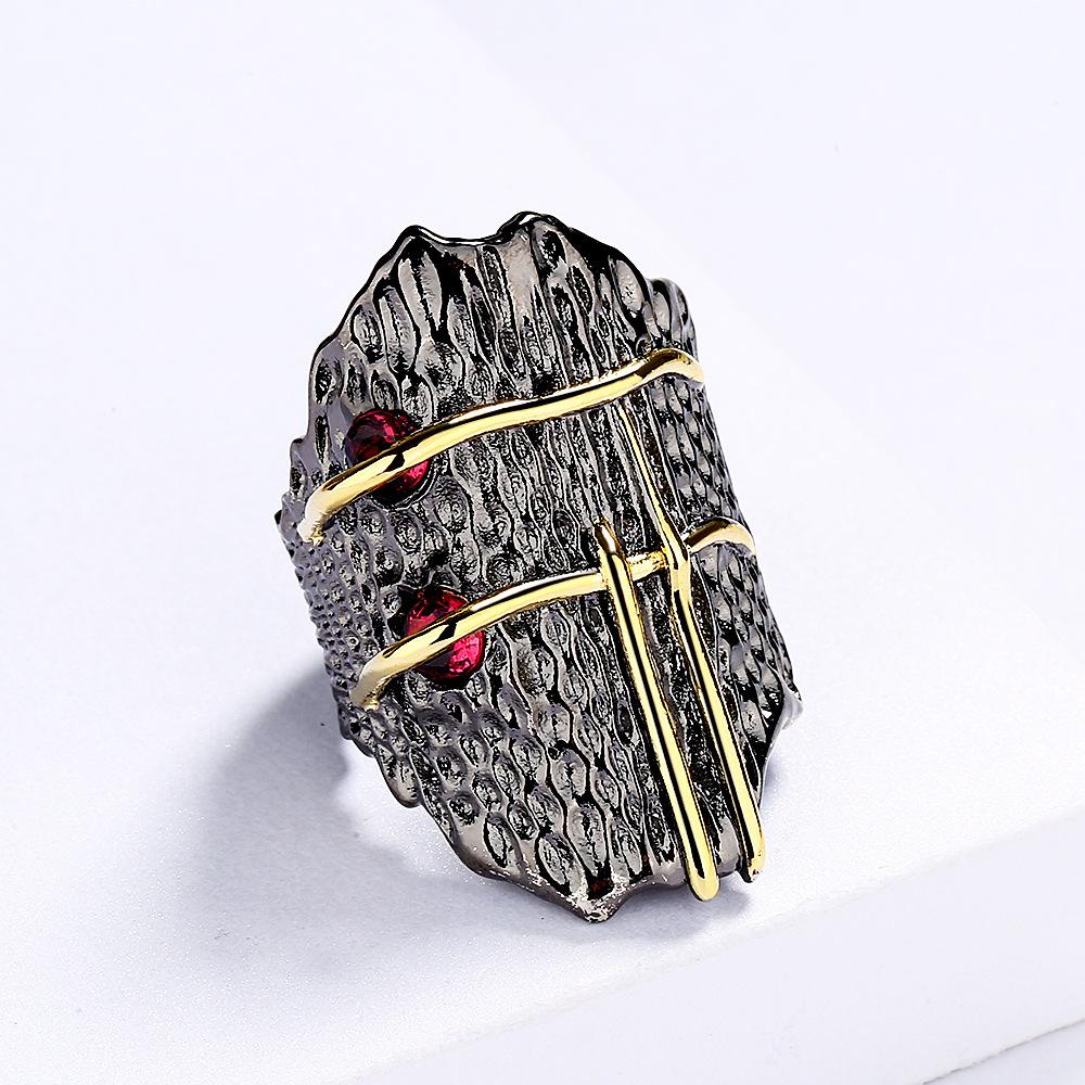 Geometric Vintage Red Zircon Interwoven Black Gold Ring Silver Exquisite Vintage Ring Ladies Party Cocktail Party Jewelry