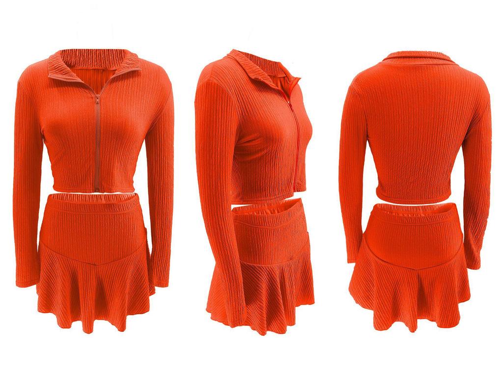Dames Effen Kleur Rits Cropped Top & Ruche Rokje Set