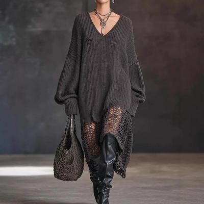 Robe Tricotée à Col en V Européenne & Américaine avec Ourlet Irrégulier et Design Creux