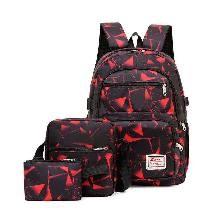 3Pcs Print Backpack Purse Set, Nylon Casual Travel Backpack with Zipper Crossbody Bag and Clutch Pouch, Versatile Daypack Set