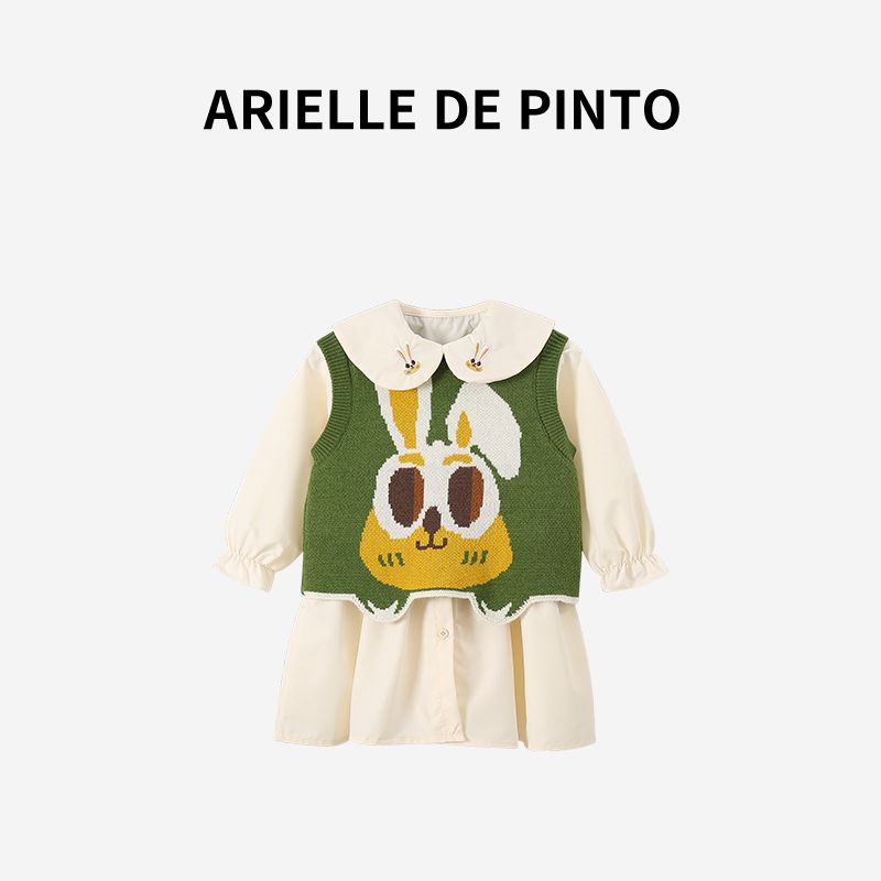 French Arielle De Pinto Girls Knitted Vest Dress Set Autumn Sweet Girl Two-Piece Set Suit 90