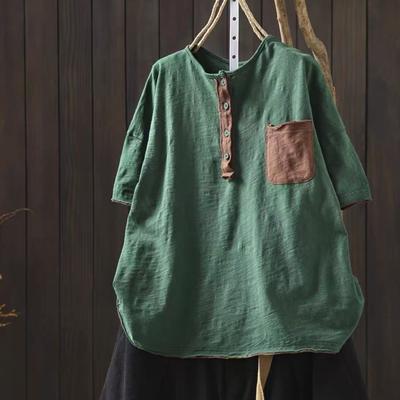 Damen Vintage T-Shirts Sommer Chinesischer Stil Rundhals Kurzarm Taschen Einfarbige Damen T-Shirts