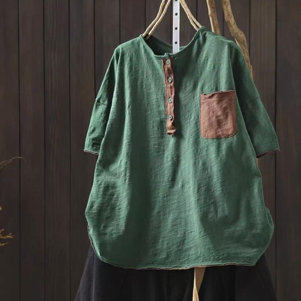 Johnature Women Vintage T-shirts Summer Chinese Style O-Neck Short Sleeve Pockets Solid Color Female T-Shirts