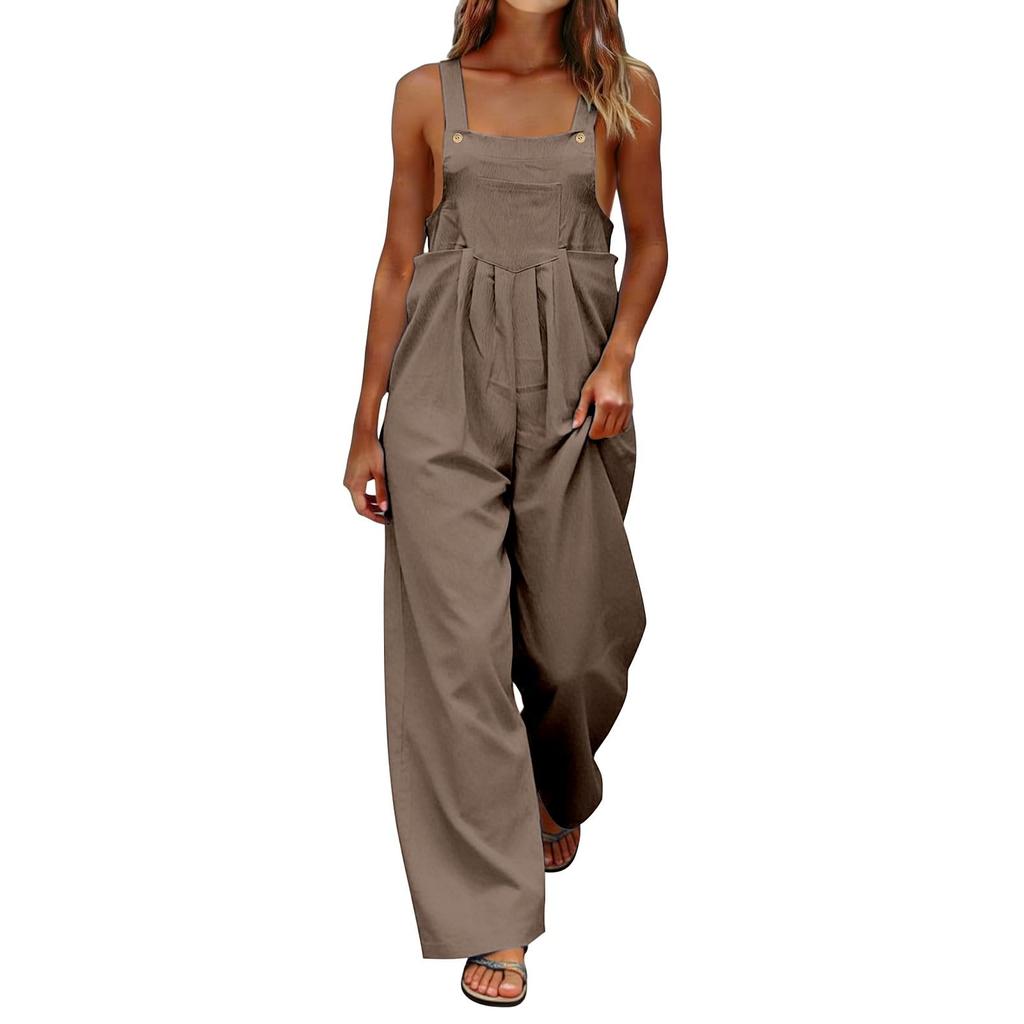 Women's Fashionable Color Sleeveless Casual Wide Leg Loose Jumpsuit With Pocket