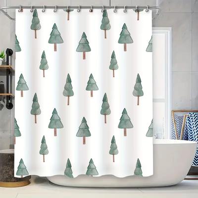 Green Pine Tree Printed Shower Curtain Home Decor Bath Linen Set Watercolor Christmas Trees Design Waterproof Fabric for Bathtub