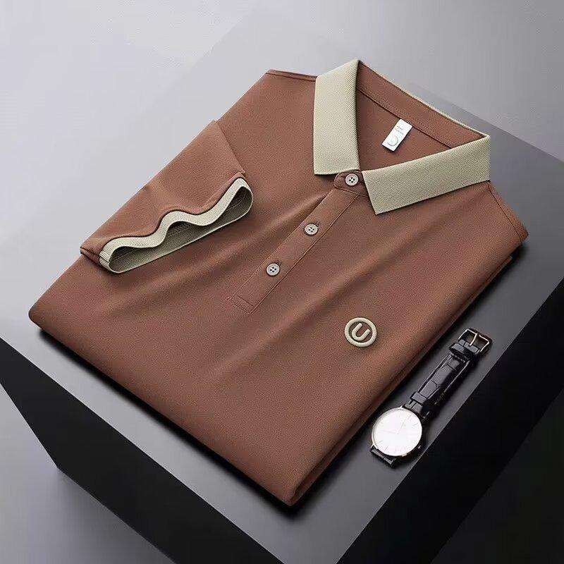 Men's British Style Light Luxury Polo Shirt with Contrasting Color Lapel, Short Sleeves, and Letter Embroidery - Casual Summer Trend.