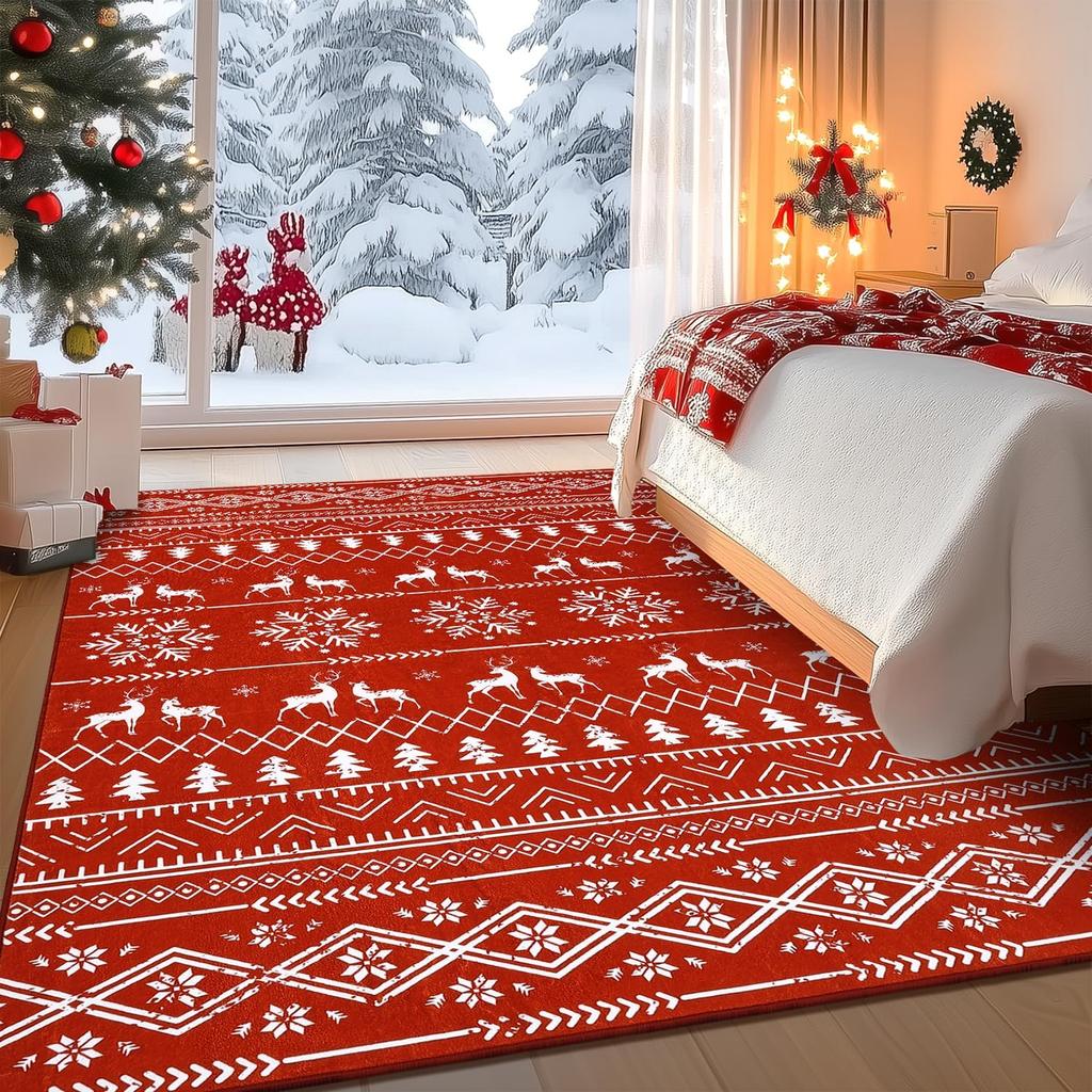 Weihnachts-Bereichsteppich Rot Schneeflocke Wohnzimmer Schlafzimmer Teppich Waschbarer Rutschfester Teppich für Küche Eingangsbereich Matte Badezimmer Heimdeko