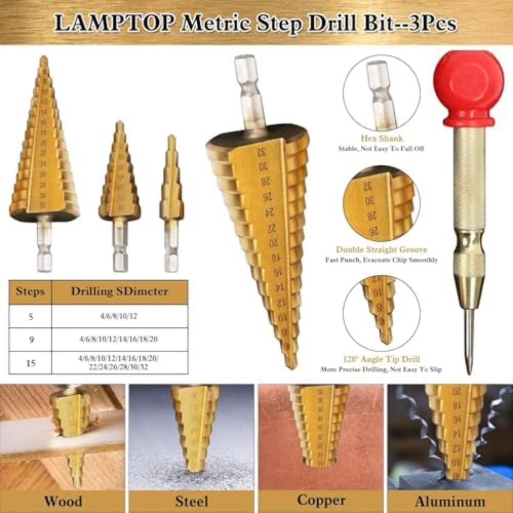 26-Piece Woodworking Drill Bit Set Pyramid Drill Bits Center Punch Three-Point Countersunk Drill Pentagonal Chamfer PlugDrill