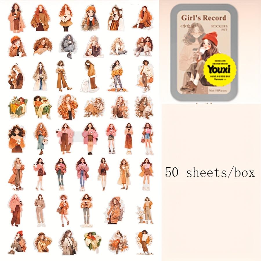 50 Sheets/box Sticker Retro Character Girl's Record Series Retro Iron Box Set Character Account DIY Material Decorative Stickers