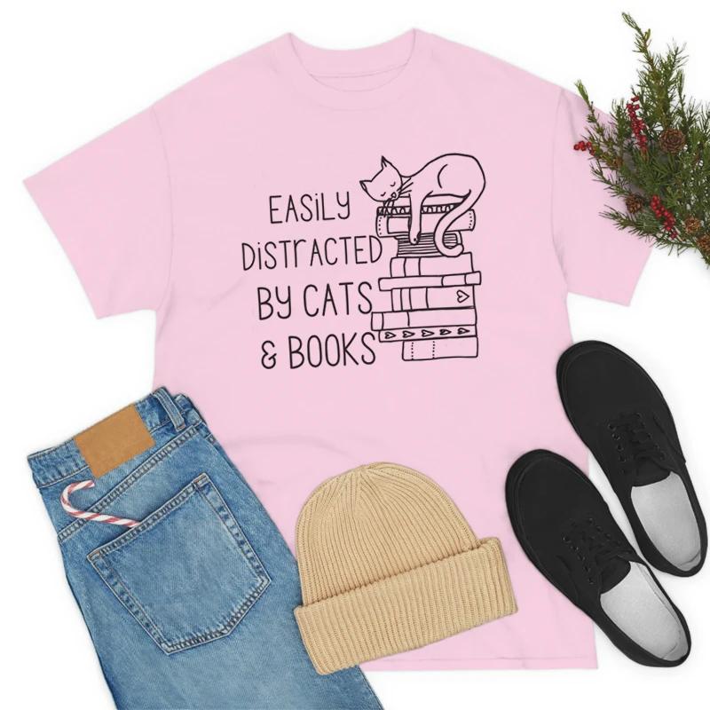 Cats Books Womens Cute Cartoon TShirt Casual Loose Book Lover T Shirt Cat Mom Shirt Literature Tshirt Bookish Graphic Tees Top