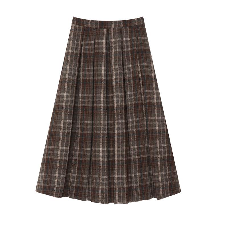 Plaid Woolen Pleated Skirt Women's 2026 Autumn and Winter Retro Elastic Waist Skirt Medium and Long A-shaped Umbrella Skirt