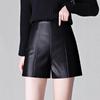 Women's High-Waisted Black Leather Shorts - Autumn/Winter Collection, Slimming Wide-Leg Style
