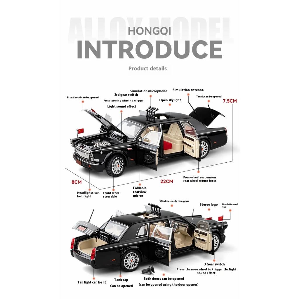 1/24 HONGQI L5 Alloy Limousine Luxy Car Diecast Model 70th Anniversary Parade Car Decorative Trendy Ornaments for Friend Gift