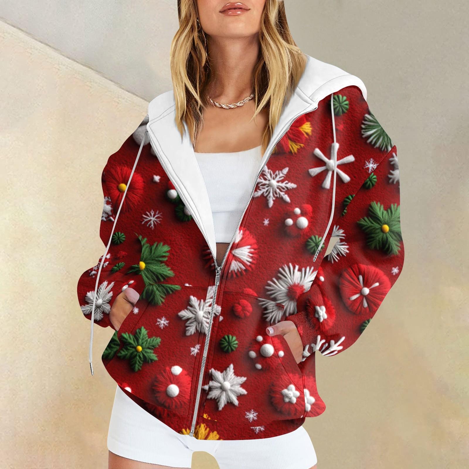 

Женская мода повседневная рождественская принтовая толстовка зимняя с длинным рукавом кардиган куртка с карманом на молнии толстовка с капюшоном куртка M