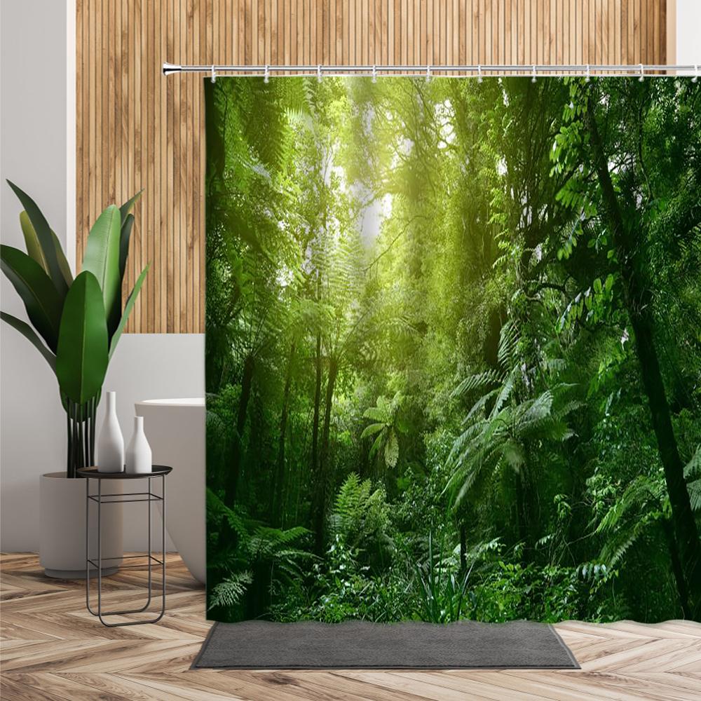 Green Jungle Shower Curtain Summer Forest Tree Bathroom Bath Decoration Home Decor Natural Landscape 3D Living Room Curtains Set