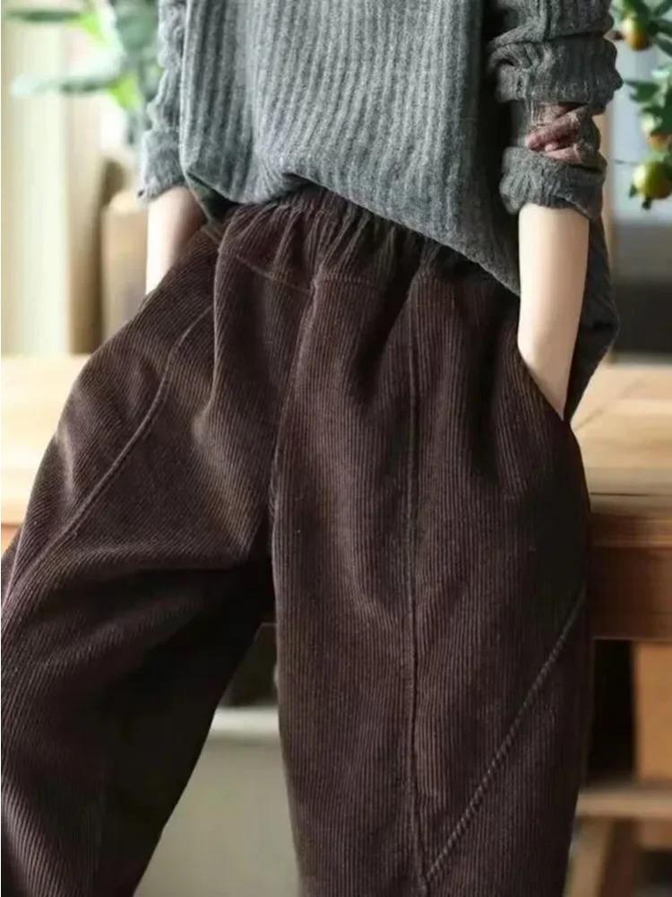 Corduroy  Autumn Winter Pants Casual High Waist Warm Women Pantalones Vintage Ankle-length Jogger Fashion Trousers