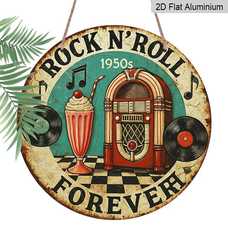 

2D Flat, Vintage 1950s Rock n Roll Metal Wall Art - Retro Jukebox with Vintage Car, 50s Music Icons (1950-1959), Aluminum Wall Decor for Home 1pc