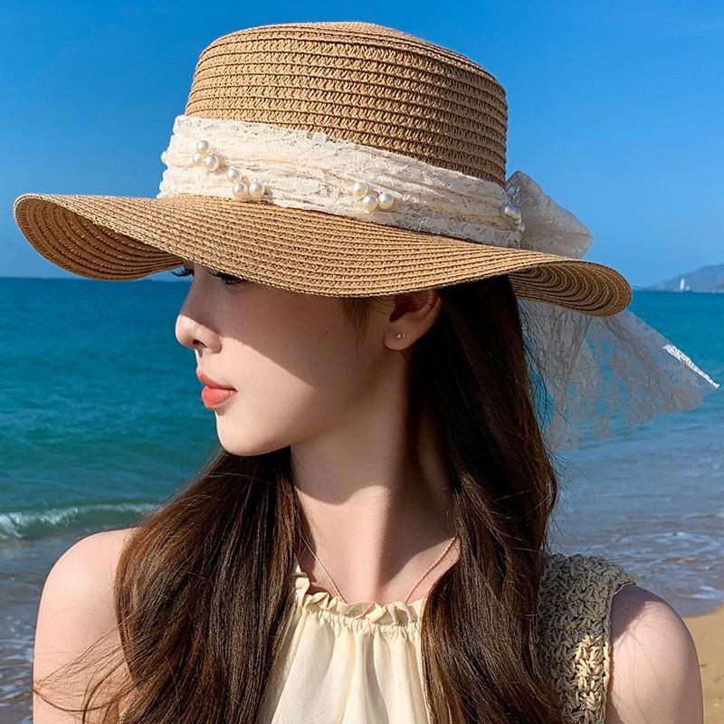 Lace Bow Big Brim Straw Hat Spring and Summer New Sunscreen Beach Sun Hat Fresh and Sweet Bucket Hat