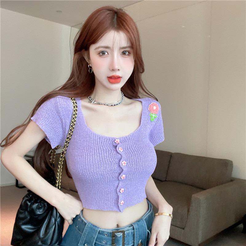 Women's Summer 2025 Knitted Short-Sleeve T-Shirt - New Design with Sweet and Spicy Style, Square Neck, Pure Charm Top.