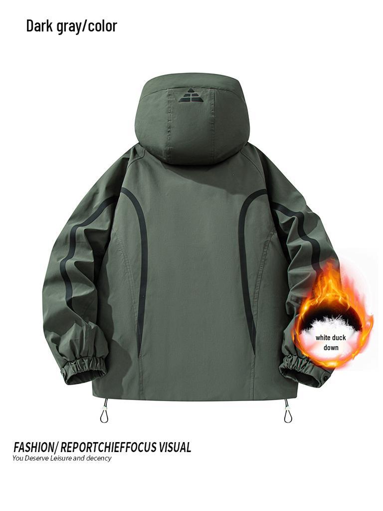 Men's Hooded Down Jacket with Stripes - Winter Casual Outerwear for Cold Protection and Mountaineering