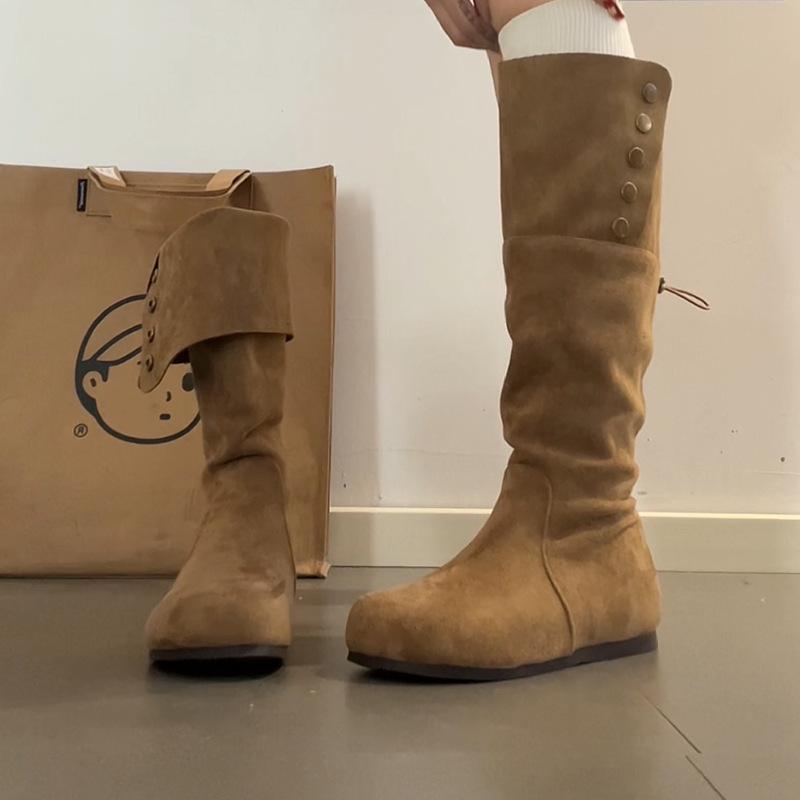 Round head pleated western cowboy boots women's 2025 autumn and winter new two-wear Maillard summer knight fashion boots