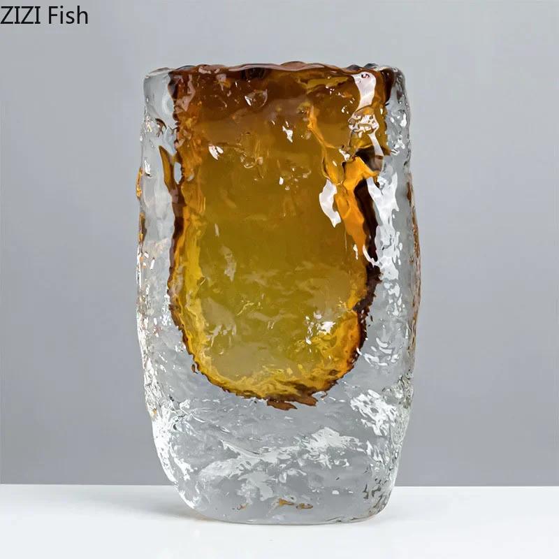 Transparent Amber Wrinkle Glass Vase Hydroponics Floral Vases Desk Decoration Artificial Flowers Decorative Flower Arrangement