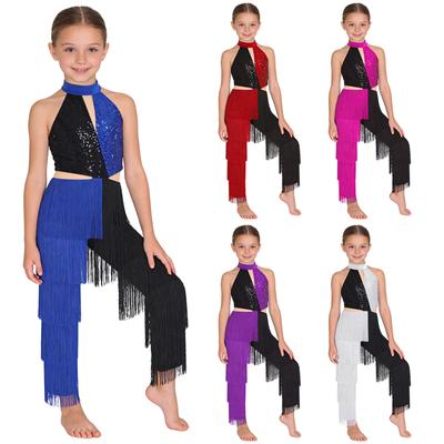 Kompletter Mädchen-Performance-Body: Lateinische Disco Pailletten-Jumpsuit mit Farbblock & Fransen, Neckholder Ärmellos Offener Rücken