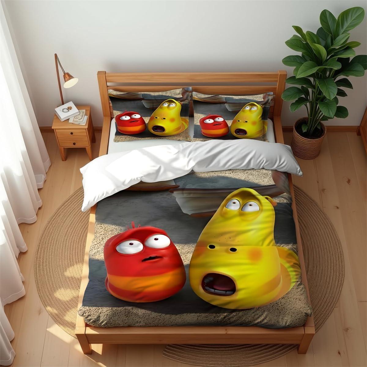 Housse de couette taie d'oreiller dessin animé ver rouge jaune ensemble de literie larve enfants fille garçons adultes cadeau simple double king grande taille 100×135cm