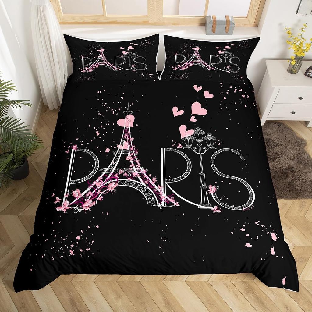 Eiffel Tower Duvet Cover for Teens Adults Queen Lightweight Down Quilt Covers Bedroom Decor 2 Pillowcases 1 Duvet Cover No Quilt