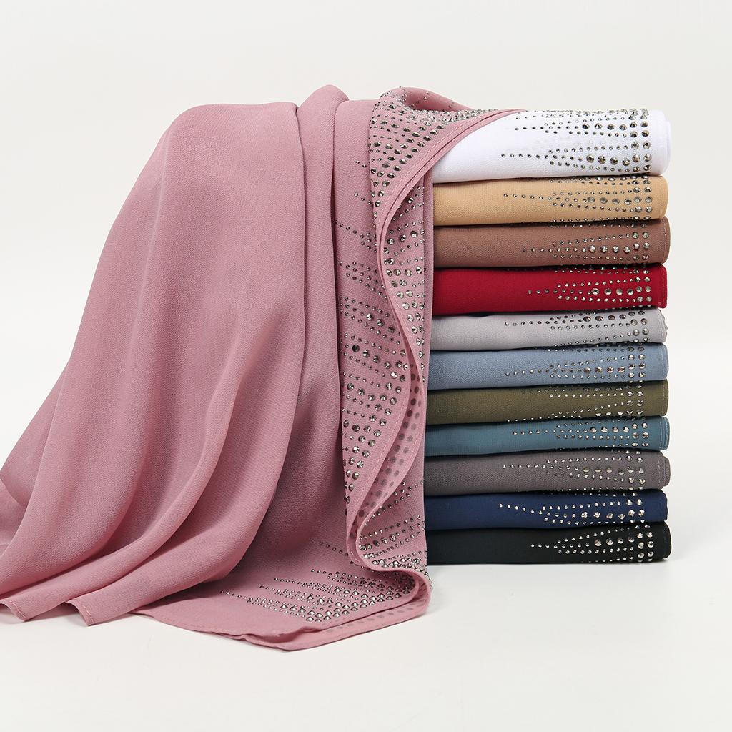 New Rhinestone Chiffon Hijab Scarf For Women Muslim Hijab Plain Long Shawl Fashion Soft Headband Islam Turban Muffler Scarves