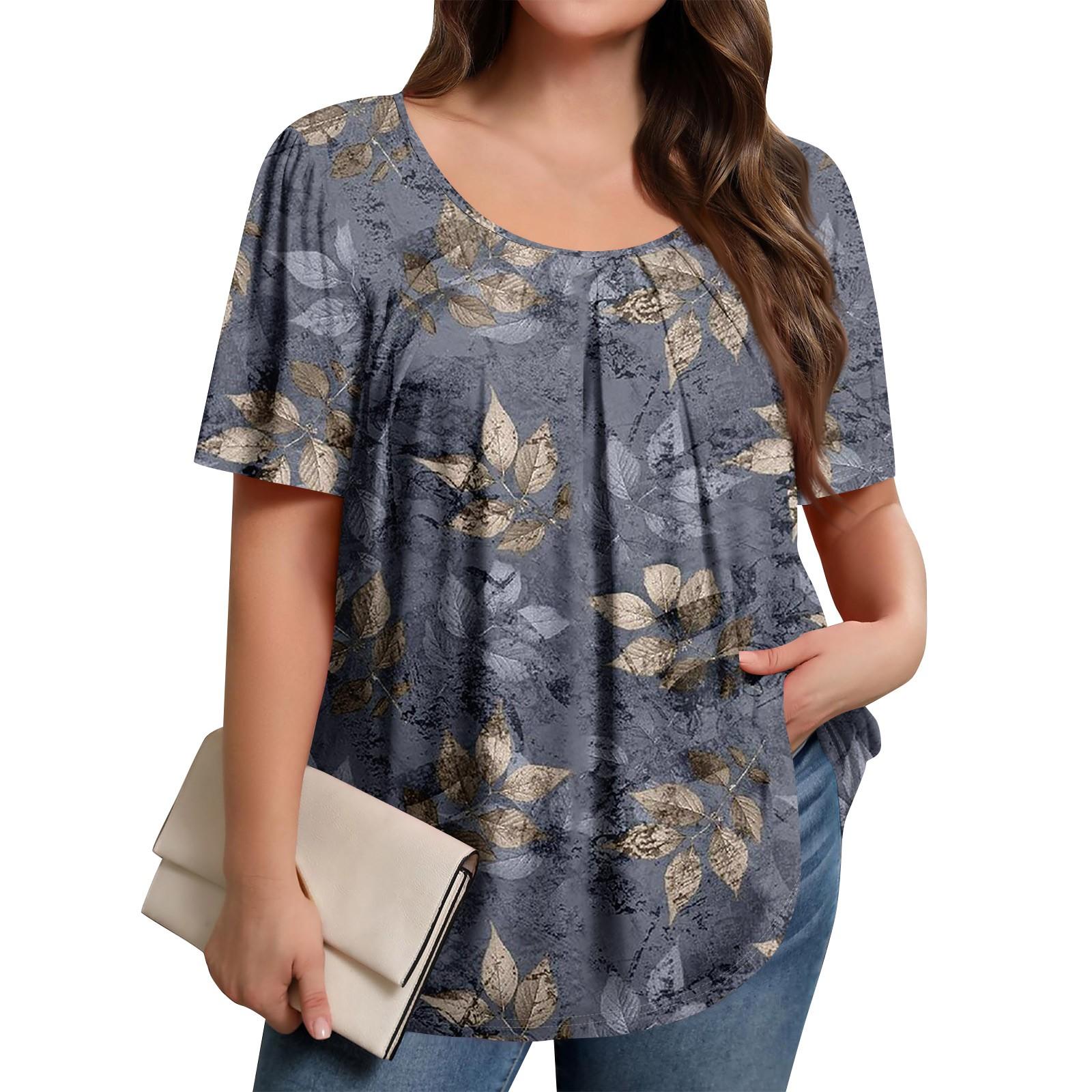 Plus Size Women s Casual Round Neck Pleated Short Sleeve Color Top XXXXL