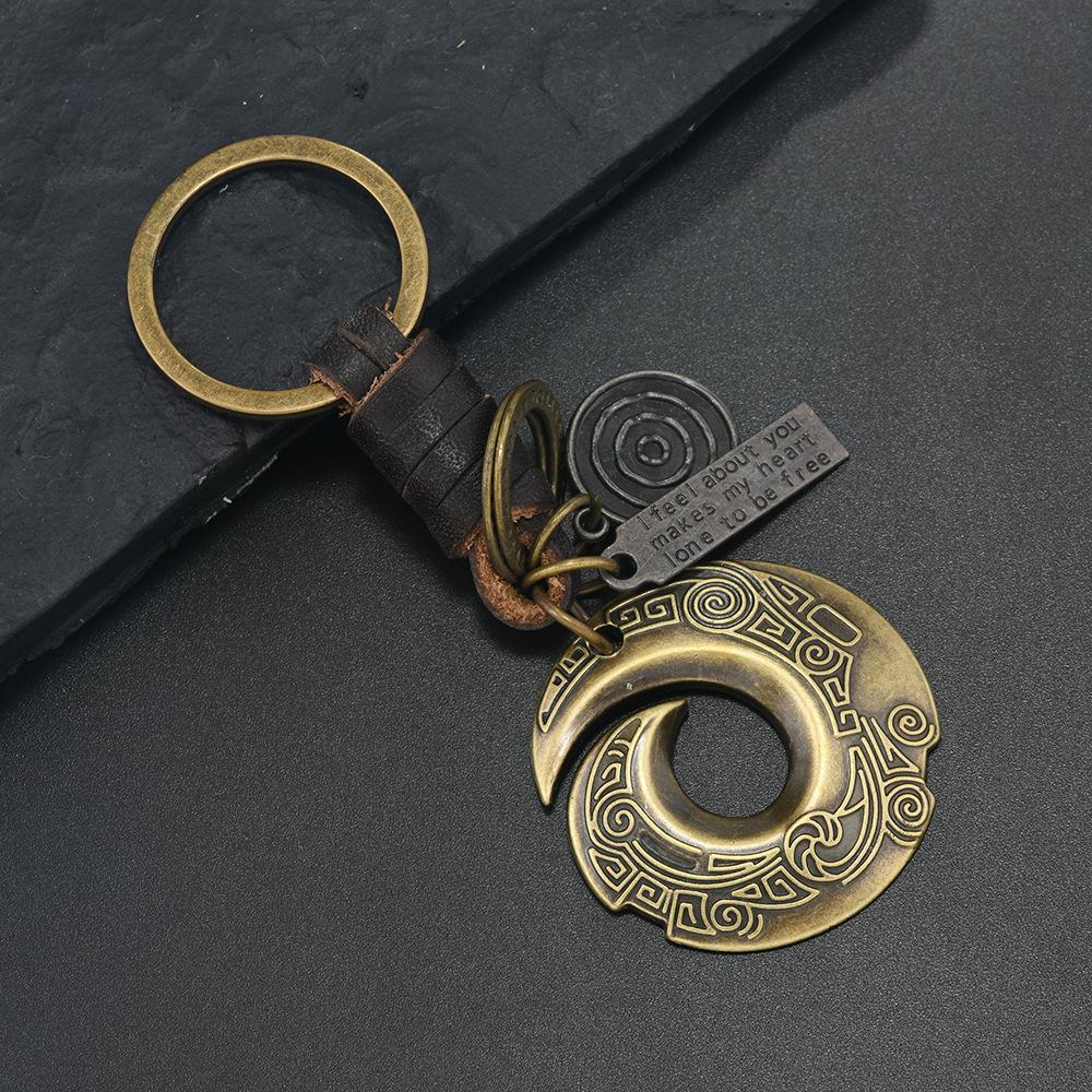 Bicycle Keychain Men's and Women's Gifts Alloy Bronze Smiley Face Hexagram Retro Woven Cowhide Keychain