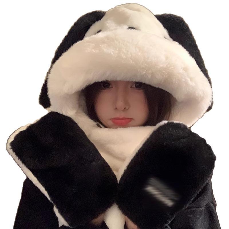 Hat female winter cute Pacha puppy plush thickened scarf gloves integrated hooded warm scarf three-piece set