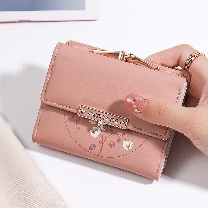 Purse women's summer new Korean PU printed buckle 3 fold bag simple all-in-one short women's money clip multi-card folding flap