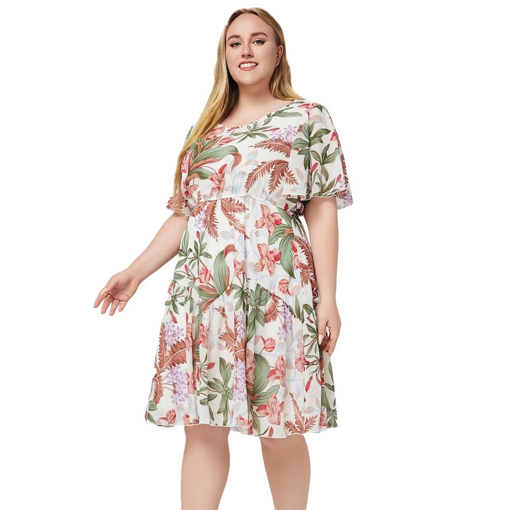 Floral Print Round Neck Short Sleeve Plus Size Dress for Curvy Women