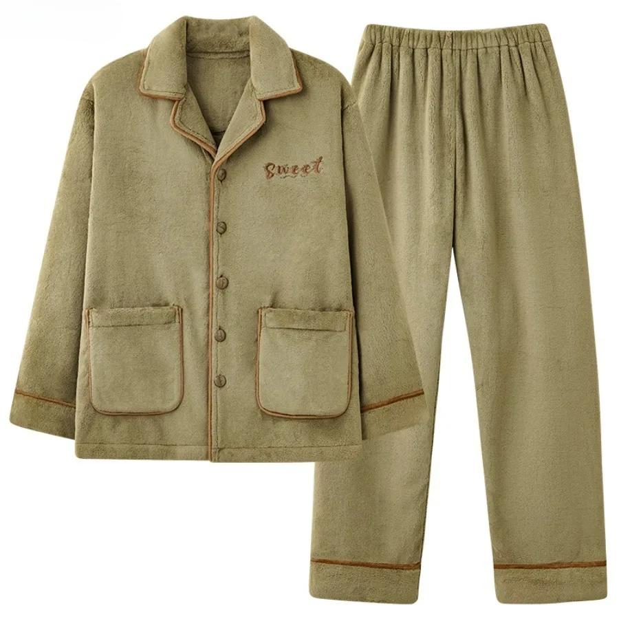 Men's Winter Thickened Flannel Pajama Sets Lapel Fluffy Coat + Long Pants Sleepwear 2 Pieces Male Soft Warm Housewear