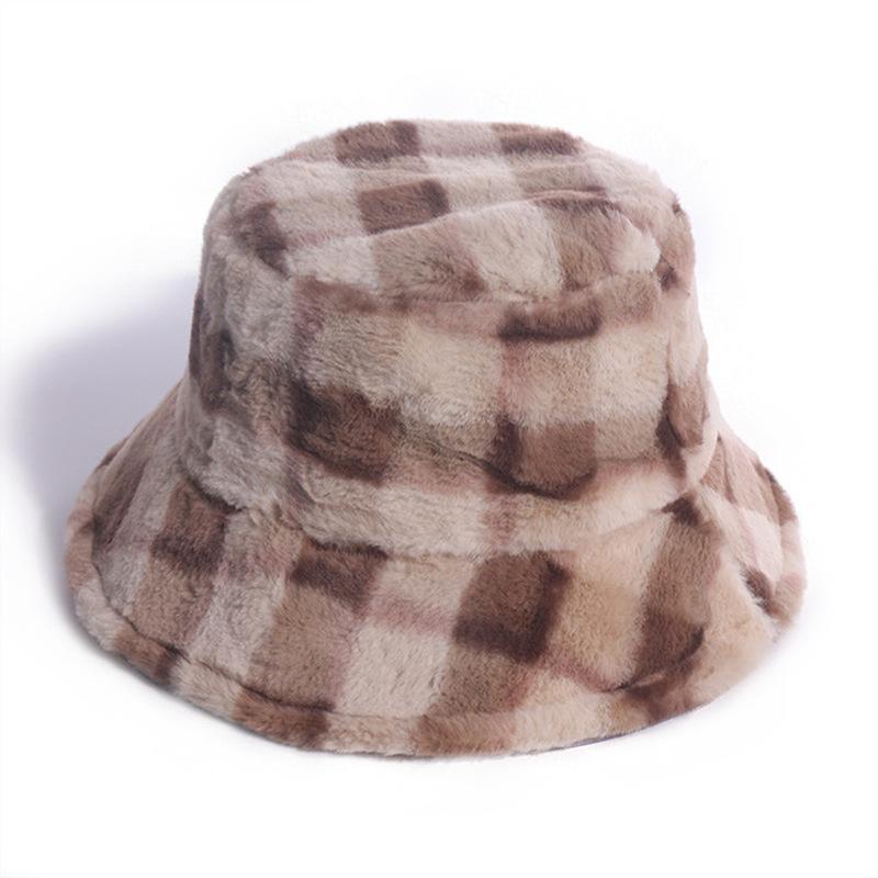 Faux Fur Winter Bucket Hat for Women Fashion Retro Lattice Soft Warm Fishing Cap Outdoor Foldable Hat Fisherman Hat