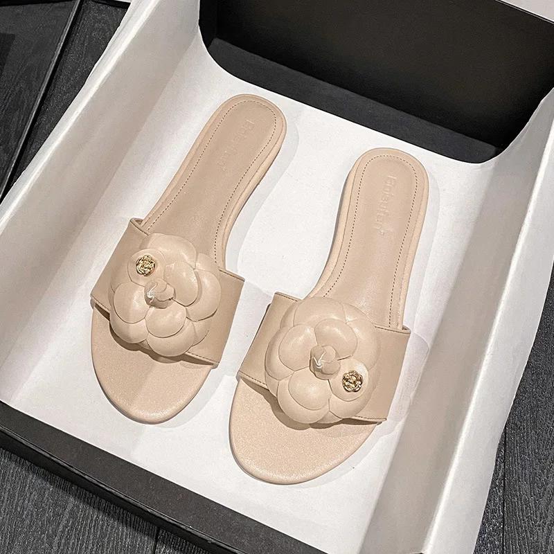 Summer Women Shoes Modern Slipper Fashion Camellia Leather Flat Shoes Girl Street Fashion Sandals