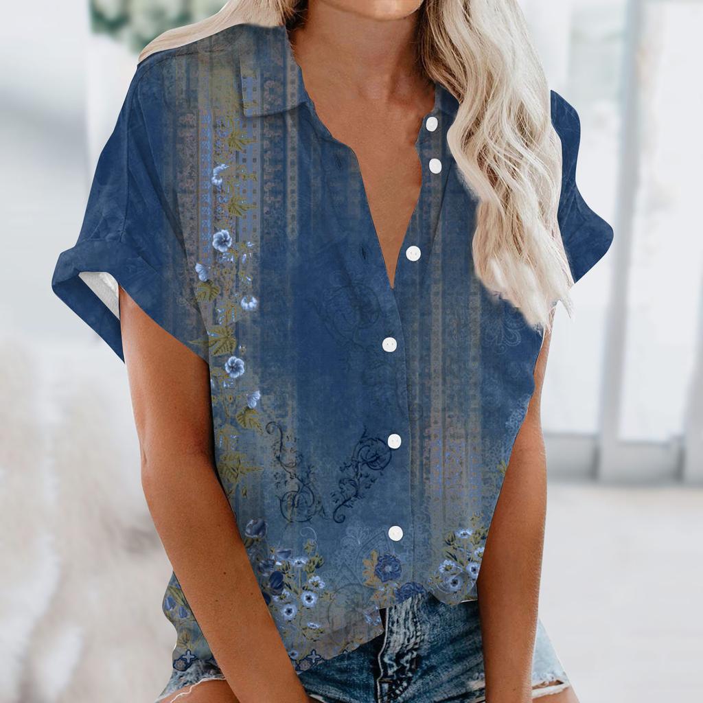 Women Summer Tops Short Sleeves V Neck Button Shirts Work Shirts Dressy Elegant Loose Shirts Women Pullover Beach Shirts Short Sleeves