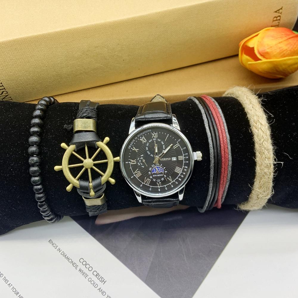 5 Stück Mode Sportuhren Herren Business Quarz Armbanduhr Luxus Lederarmband Herren Casual inklusive Armbandbox für Sport