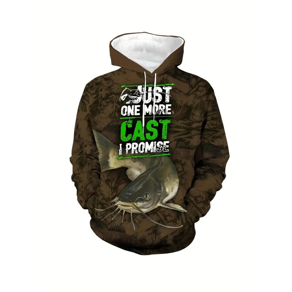 Fashion Fishing Pattern Print Hoodies for Man Autumn Winter Outdoor Loose Enthusiast Long Sleeve with Pockets Men's Sweatshirt