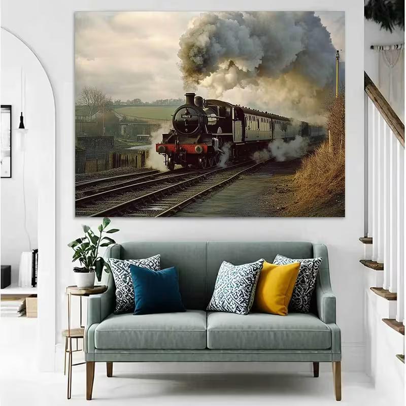 2D Black Steam Locomotive Backdrop Old Countryside Railway Photo Booth Background