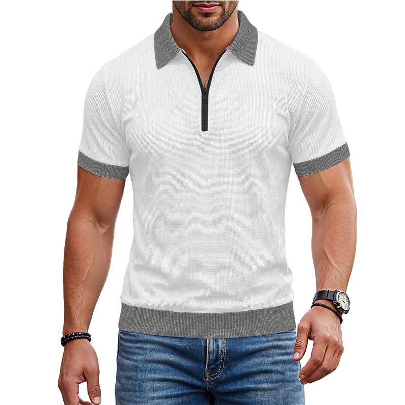 Summer Men's Short Sleeve Zipper Polo Shirts Color Block Casual T-Shirt for Men Lightweight Shirts Laple Wicking Streetwear Tee
