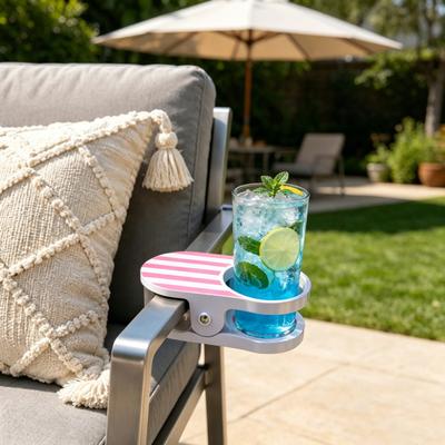 Clip-On Drink Holder for Chair, Portable Cup Holder for Beach Chair Patio Table, Striped Outdoor Clamp On Beverage Caddy for Pool Cruise
