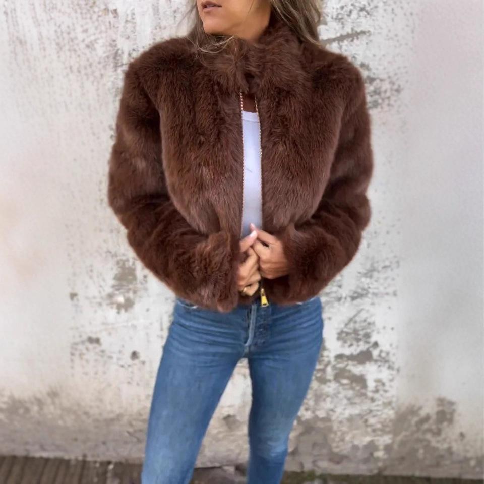 Women's Fall/Winter Imitation Fur High-Neck Zipper Casual Top Jacket
