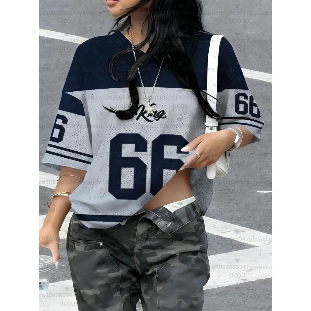 Women's King No.66 Print V-Neck Short Sleeve T-Shirt Summer Graphic Tee Hole Mesh Jerseys Plus Size Sport T-Shirt